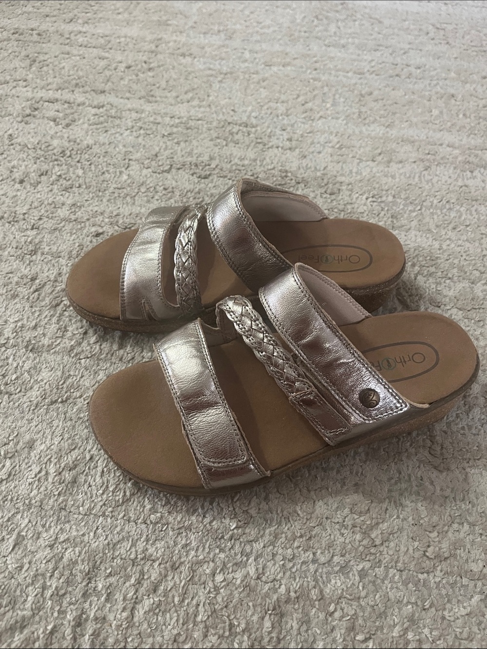 Ortho Feet Metallic Silver Slide Sandals 1.5” Heel Leather Braided Strap 7 Wide - Picture 7 of 15